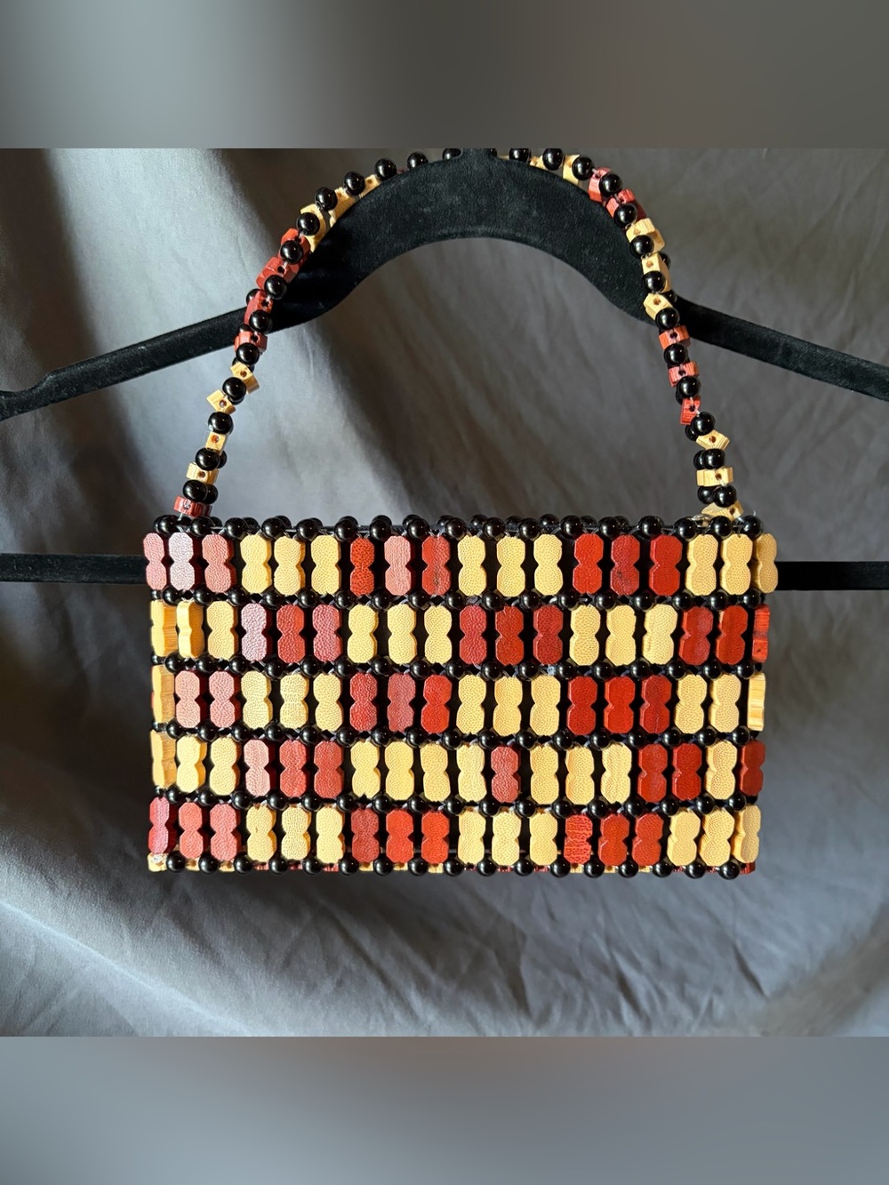 Small African Beaded Purse with Handle Wooden Beads Multicolor Unique Boho